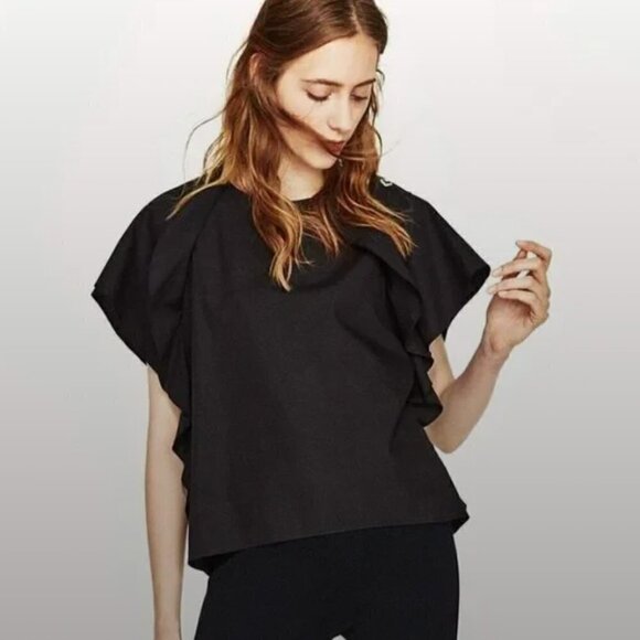 ZARA Poplin Frilled Top Blouse Black Shirt Size Small Oversized NWT - Picture 1 of 6